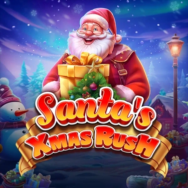 Santas Xmas Rush Pragmatic Play Santa carrying a present standing behind Santas Xmas Rush in text